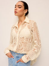Long-Sleeve Lace Polo Collar Cotton-Blend Shirt