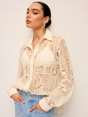 Long-Sleeve Lace Polo Collar Cotton-Blend Shirt