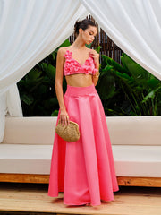 Floral Embellished Crop Top With A-Line Skirt Set