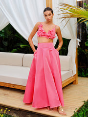 Floral Embellished Crop Top With A-Line Skirt Set