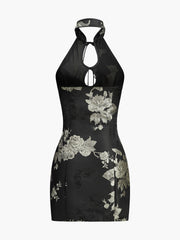 Floral Print Keyhole Detail Halter Dress