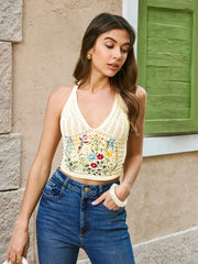 Halter Embroidery Tie-Back Top