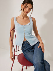 Button-Front Lace Trimmed Top