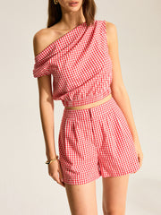 Gingham One-Shoulder Top and Shorts Set