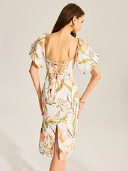 Floral Puff Sleeve Backless Dress