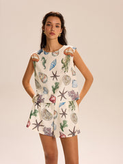 Seashell Print Sleeveless Top and Shorts Set