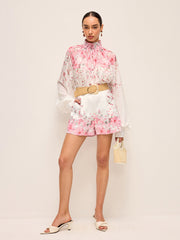 Floral Print Pleated Shorts Set Without Belt