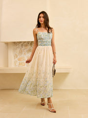 Semi-Sheer Floral Print Pleat Waist Tiered Maxi Dress