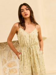 Semi-Sheer Pocketed Wide-Leg Jumpsuit with Tie-Waist