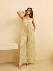 Semi-Sheer Pocketed Wide-Leg Jumpsuit with Tie-Waist
