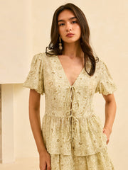 Semi-Sheer Floral Print Peplum Tie-Front Blouse