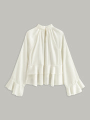 Stand Collar Button Ruffle Peplum Blouse
