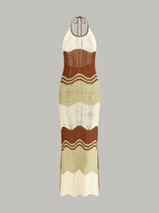 Semi-Sheer Contrast Stripe Crochet Halter Maxi Dress