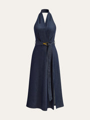 Denim Belted Halter Neck Midi Dress