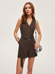 Linen Belted V-Neck Jumpsuit