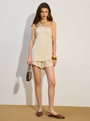 One-Shoulder Linen & Cotton Shorts Set