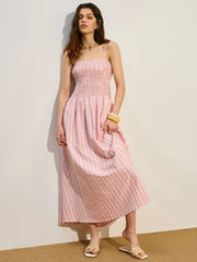 Pocketed Striped Shirred Maxi Dress