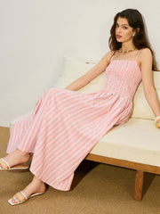 Pocketed Striped Shirred Maxi Dress