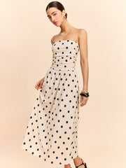 Strapless Polka Dot Ruched Midi Dress