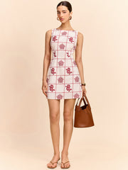 Grid and Floral Print Mini Dress