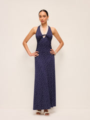 Lace Trim Halter Neck Printed Dress