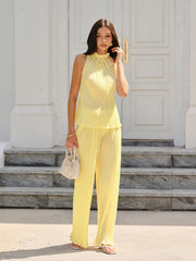 Pleated Top and Wide-Leg Pants Set