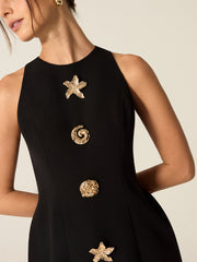 Metal-Button High-Neck Short Dress