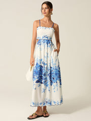 Pocketed Floral Print Cut-Out Maxi Dress