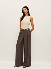 Mid-Waist Metal Detail Pleated Pants