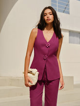 Sleeveless V-Neck Pants Set With Floral Buttons