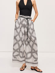 Geometric Print Belted Wide-Leg Pants