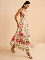 Floral Print Halter Backless Maxi Dress
