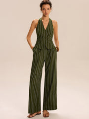 Striped Halter-Neck Vest and Wide-Leg Pants Set