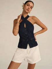 Denim Halter Crisscross Backless Top