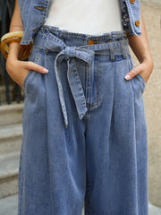 Denim Embroidery Tie-Waist Pants