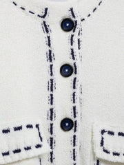 Short-Sleeved Cropped Cardigan with Contrast Stitching