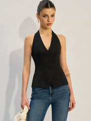 Halter Neck Asymmetric Buttoned Vest