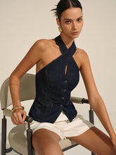 Denim Halter Crisscross Backless Top