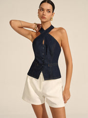 Denim Halter Crisscross Backless Top