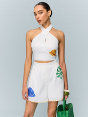 Halter-Neck Crop Top and Printed Shorts Set