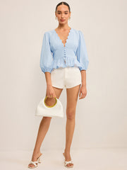 Scalloped V-Neck Peplum Top with Puff Sleeves