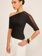 Semi-Sheer One-Shoulder Top with Mesh Sleeve