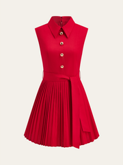 Shirt-Collar Pleated Dress with Belt