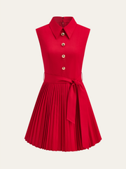 Shirt-Collar Pleated Dress with Belt
