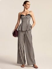 Gingham Spaghetti Strap Peplum Top with Lace Trim