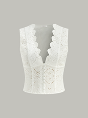 Scalloped Neckline Button-Front Eyelet Crop Top