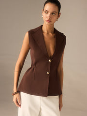 Metal Button Knitted Sleeveless Blazer