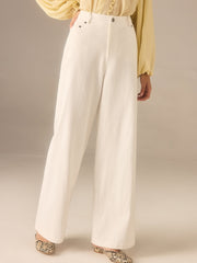 Cotton Twill Wide-Leg Pants with Metal Rivet Button