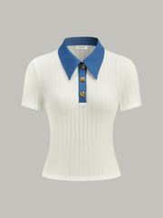Denim-Collar Knit Polo Top with Metal Button