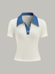 Denim-Collar Knit Polo Top with Metal Button